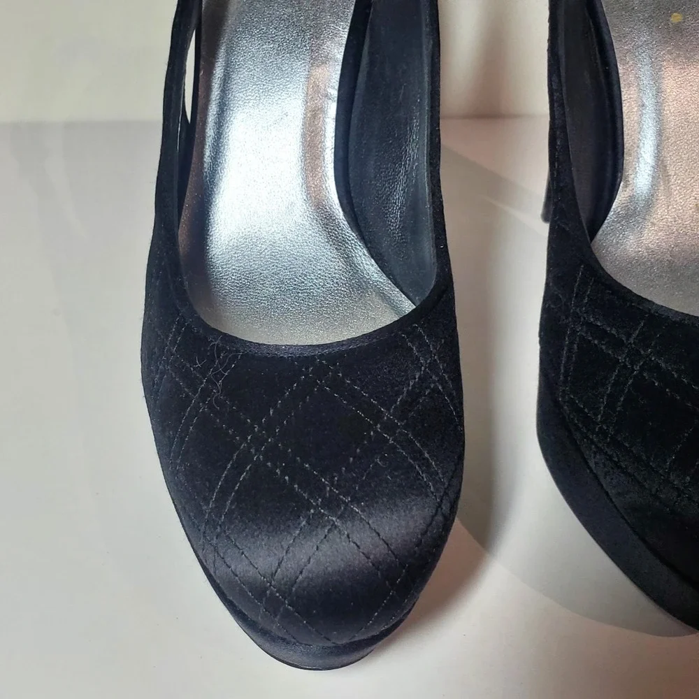 Stewart Weitzman Black Satin Sling-back‎ Pumps Size 9M Rounded Toe